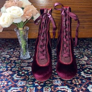 Deep red, rich velvet high ankle boots with ribbon ties. Size 9